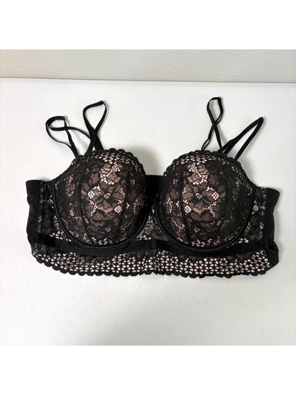 Cacique Lightly Lined Multi Way Strapless Bra Size 46C Black Lace Underwire